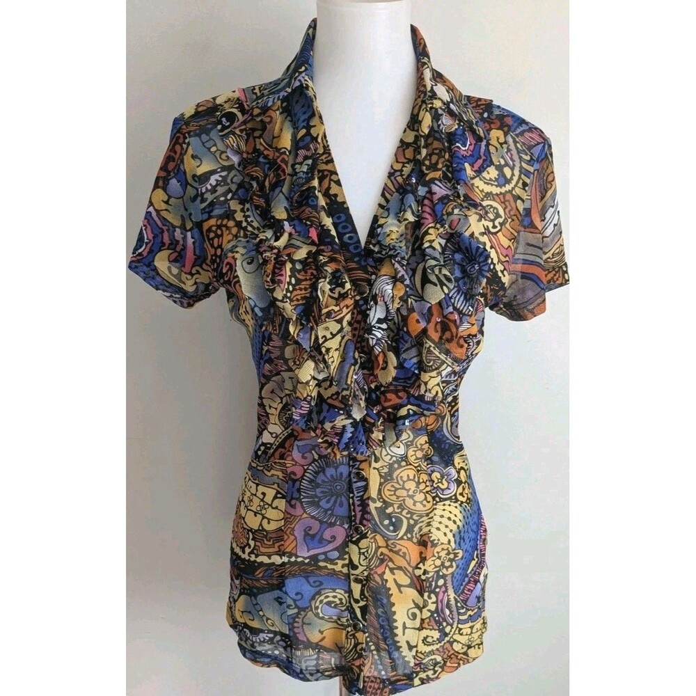 Vtg BEREK Sheer Nylon Mesh Top Blouse 90s Y2K M Ruffle Whimsigoth Dark Fairy